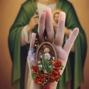 St Jude Thaddeus Car Pendant, Red Roses & Tassel, Handmade Protection Amulet image 4