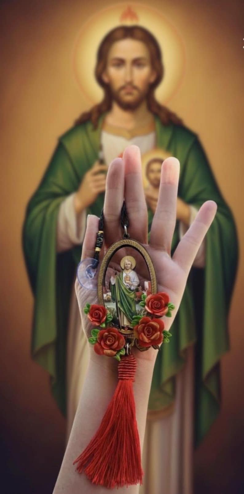 St Jude Thaddeus Car Pendant, Red Roses & Tassel, Handmade Protection Amulet image 4