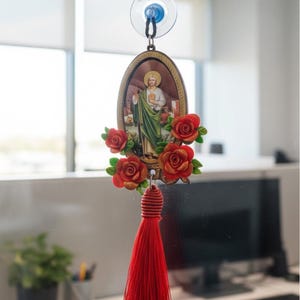 St Jude Thaddeus Car Pendant, Red Roses & Tassel, Handmade Protection Amulet image 2