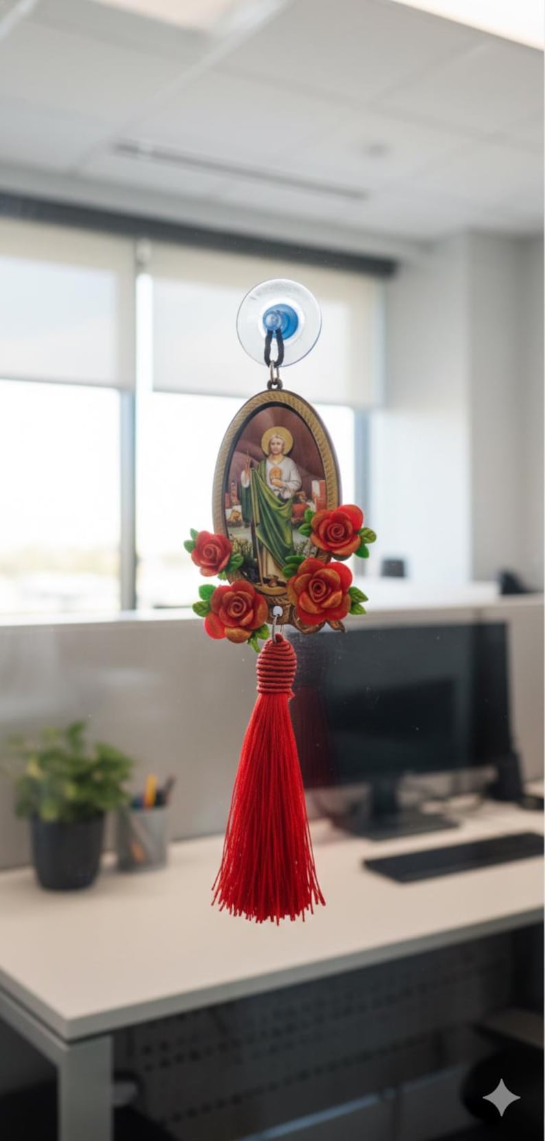 St Jude Thaddeus Car Pendant, Red Roses & Tassel, Handmade Protection Amulet image 2