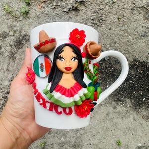 Doll Mexican Mug / Porcelain cup Mother Day Gift, Birthday Gift Mexico flag Art, Mexico Gift For Her / Frida coffee mug / Mexico Clay mug