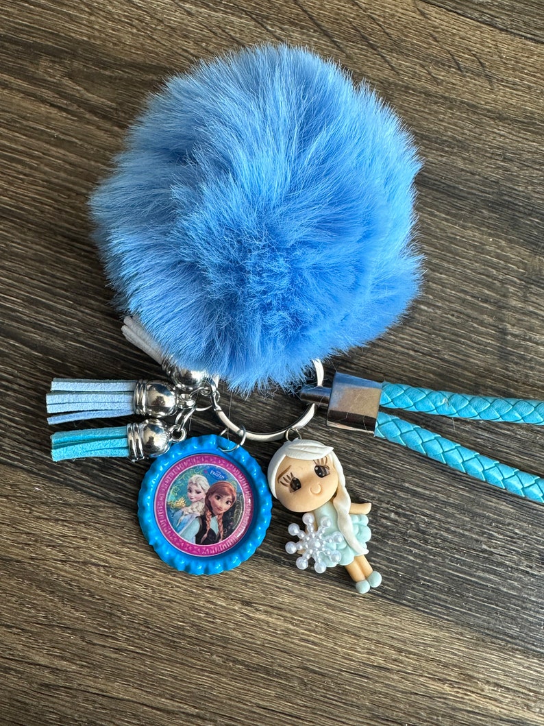 May include: A blue fuzzy keychain with a blue and pink Frozen character charm, a silver ring, and blue tassels. The charm features Elsa and Anna from the movie Frozen.