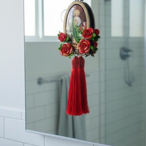 St Jude Thaddeus Car Pendant, Red Roses & Tassel, Handmade Protection Amulet image 3