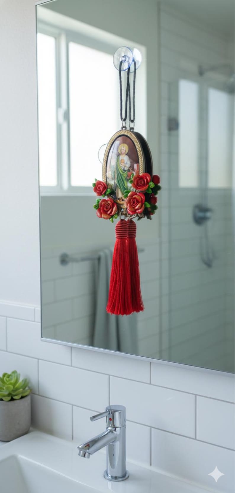 St Jude Thaddeus Car Pendant, Red Roses & Tassel, Handmade Protection Amulet image 3