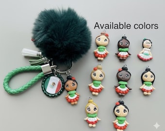 Handmade Mexican Doll Keychain – Tricolor Dress, Green Pom-Pom