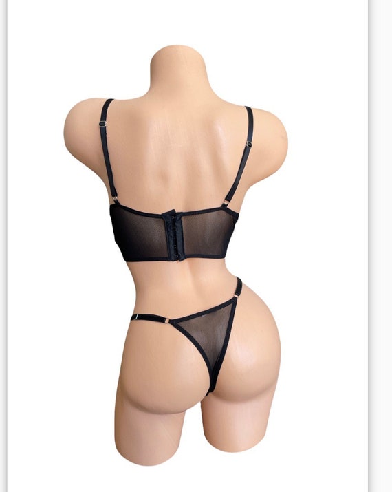 Black Geometric Lace Lingerie Set, Longline Top & Thong, Size Small - Etsy