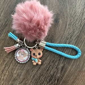 Porcelain bear keyrings / handmade bear keyring / pompom bear keyring