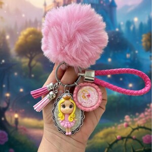 Handmade Princess Keychain: Cold Porcelain Charm, Pink Pom-Pom