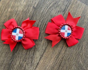 Dominican Republic flag hair bow clip.  Hair clip bun in Dominican Arch.  Dominican  tie. Chignon Dominican flag hair red bow