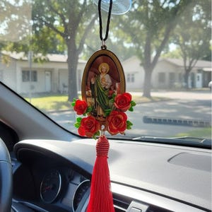 St Jude Thaddeus Car Pendant, Red Roses & Tassel, Handmade Protection Amulet image 1
