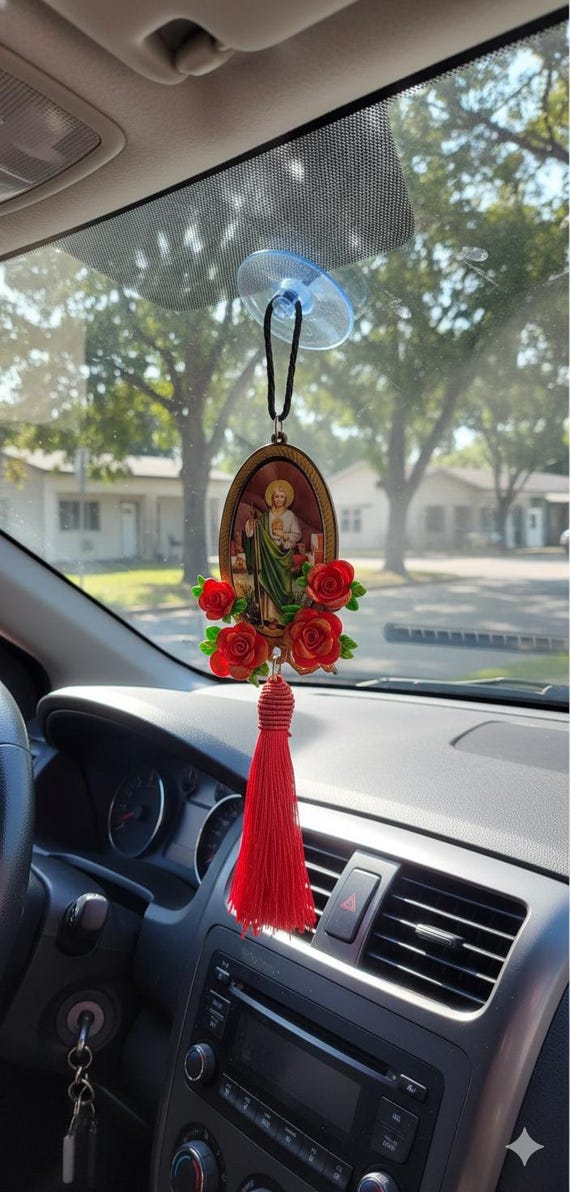 St Jude Thaddeus Car Pendant, Red Roses & Tassel, Handmade Protection Amulet