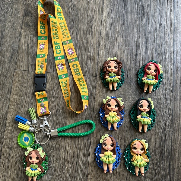 Personalized Brazil Keychain Gift Flag Artistic Handmade 3D Doll Pompom Country Key chain  bag charm bag holder key bag handmade USA Seller