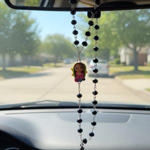 Rosario de Nuestra Señora de Guadalupe, dije kawaii para coche, cuentas de cristal negro, cruz con purpurina
