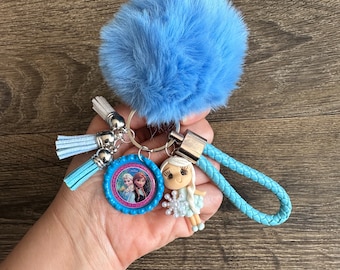 key chain jewelry doll 3D keychain for girls or womens  bag charm key holder Elsa White Pompom Change Key bag charm