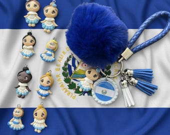 El Salvador Handmade Keychain: Customizable Doll, Pom-Pom and Flag - Bag Charm