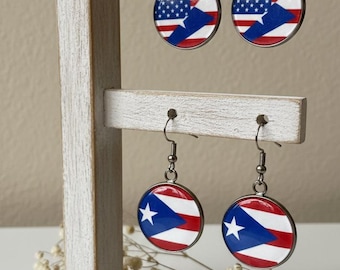 Puerto Rico USA Flag Earrings, Stainless Steel, Boricua Pride, Handmade