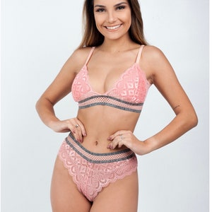 Lace Lingerie Set: Peach Polyamide Microfiber, Size M