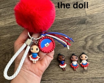 LLavero de Haití bandera de país haitiano hecho a mano 3D muñeca pompón llavero llavero llavero encanto azul bolso encanto