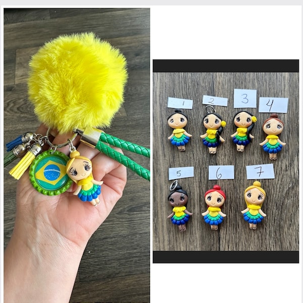 Personalized Brazil Keychain Gift Flag Artistic Handmade 3D Doll Pompom Country Key chain  bag charm bag holder key bag handmade USA Seller