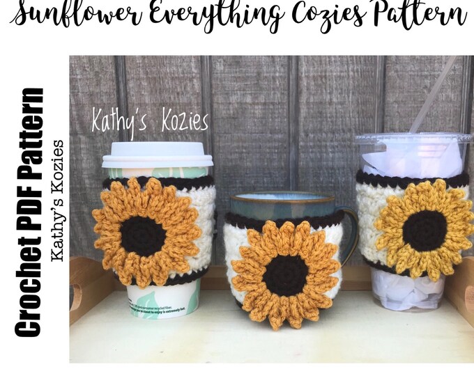 PDF PATTERN ONLY Crocheted Sunflowers Adjustable Everything Cozies Mug Cozy Coffee Cozy Cup Cozy