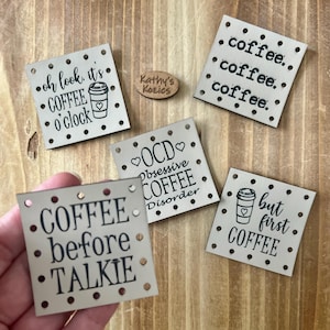 Coffee Themed MULTIPACK Patches /2 inch Square / Faux, Vegan Leather, Leatherette Patches / 5 or 10 patches / Crochet, Knit, Sewing Patch