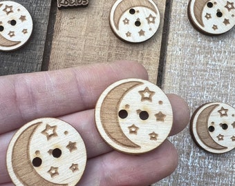 Moon & Star Button Birch wood laser cut /1 inch / Ideal for Crochet and Knit Projects
