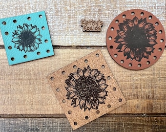 Sunflower Patch / 2 inch Square or circle, 1.5 square / Faux, Vegan Leather, Leatherette Patches / 1, 5, 10, 20 qty / Crochet, Knit, Sewing