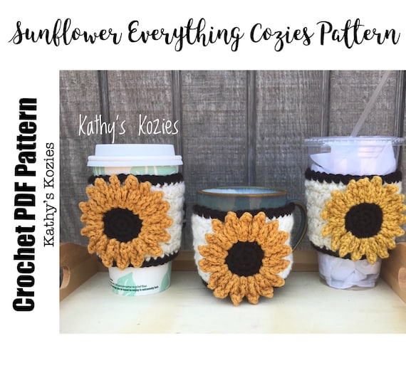 PDF PATTERN ONLY Crocheted Sunflowers Adjustable Everything Cozies / Mug  Cozy / Coffee Cozy / Cup Cozy 