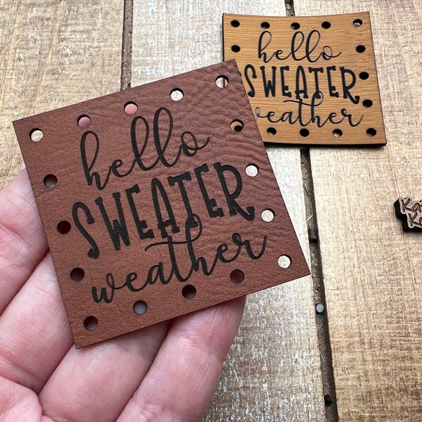 Hello Sweater Weather Patch/Autumn 2 in /Faux, Vegan Leather, Leatherette  / 1, 5 or 10 patches / Crochet, Knit, Sewing Patc