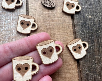 Heart MUG buttons / Coffee / Tea  /Birch wood/ laser cut and engraved / Birch Wood