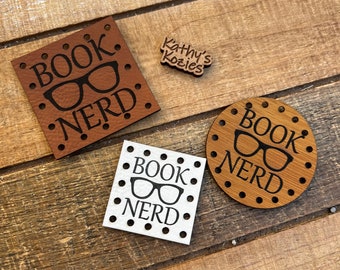 BOOK NERD Patch / 1, 5, 10, 20 patches /Two sizes 1.5” or 2” square / Cork/ Vegan Leather / Leatherette/ Faux Leather