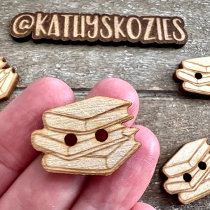 Book Stack Buttons /Birch wood/ laser cut and engraved / 4, 10 or 25 buttons / Crochet, Knitting, Sewing image 1