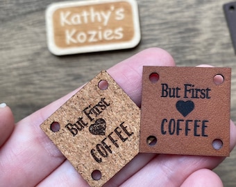 MINI Patch But First Coffee with Heart/ 1 inch Square / Faux, Vegan Leather, Leatherette  / 5, 10, 20 patches / Crochet, Knit, Sewing