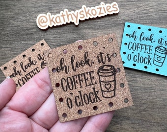 Oh Look, It's Coffee O'clock Patch /2 inch Square / Faux, Vegan Leather, Leatherette Patches / 1, 5, 10, 20 patches / Crochet, Knit, Sewing