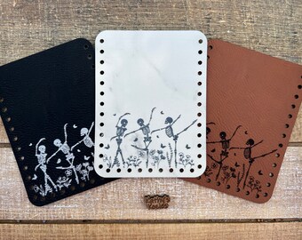 Sew On Pockets - SKELETONS WITH FLOWERS / Faux, Vegan Leather, Leatherette, Cork / Purse pocket / Bag pocket /