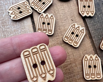 Pencil Image Buttons / Birch wood/ laser cut and engraved / 4, 10 or 25 buttons
