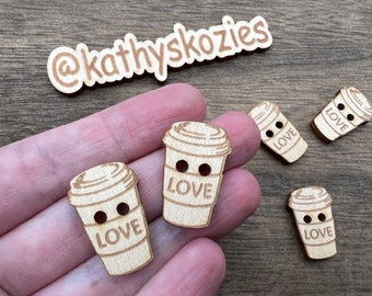 Coffee Cup LOVE Birch wood buttons / laser cut and engraved / 4, 10 or 25 buttons