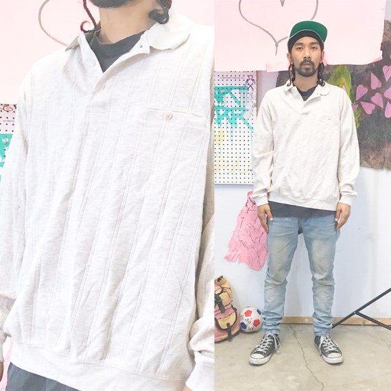 Vintage long sleeve polo shirt rugby shirt size xl cream white tan 1990s dad normcore
