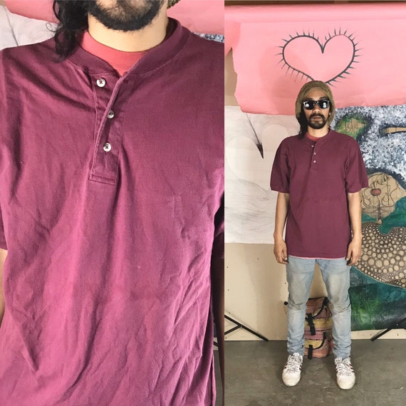 Vintage Henley Tee by Cambridge Classics Maroon Large 1990s 1980s