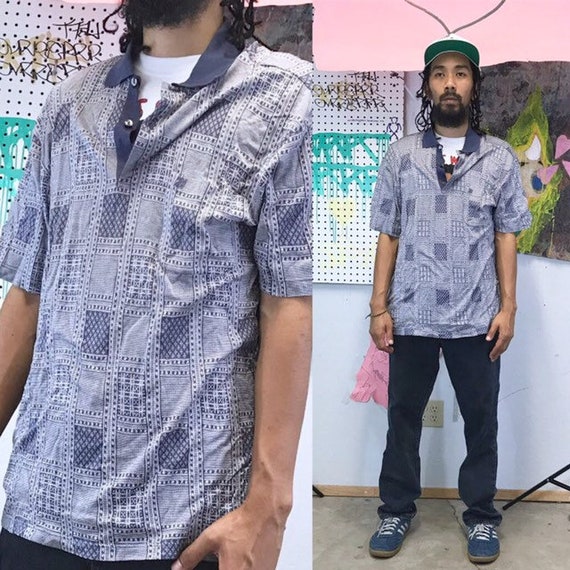 Vintage polo shirt early 1990s blue pattern size medium italian knit
