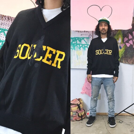 Vintage vneck sweater soccer 1990s 1980s black size xl