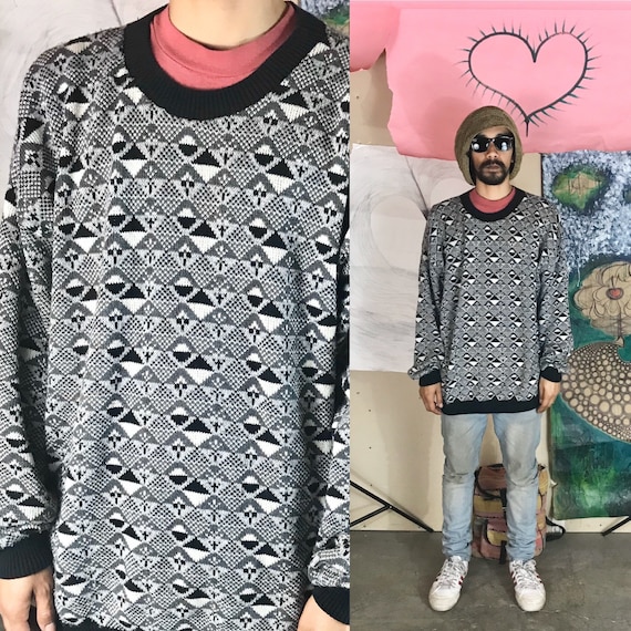 Vintage Knit Sweater by Tony Lambert Design Group Cotton Gray Geometric Design 1990s 1980s