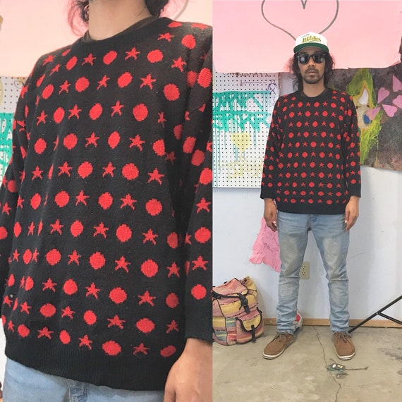 Vintage knit sweater all over print shapes red black wool size small medium