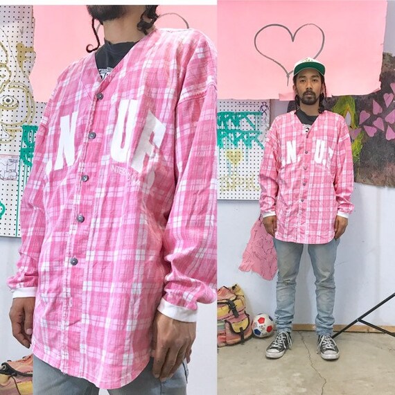 Vintage pink baseball jersey plaid jersey enuf international size medium large 1990s 1980s