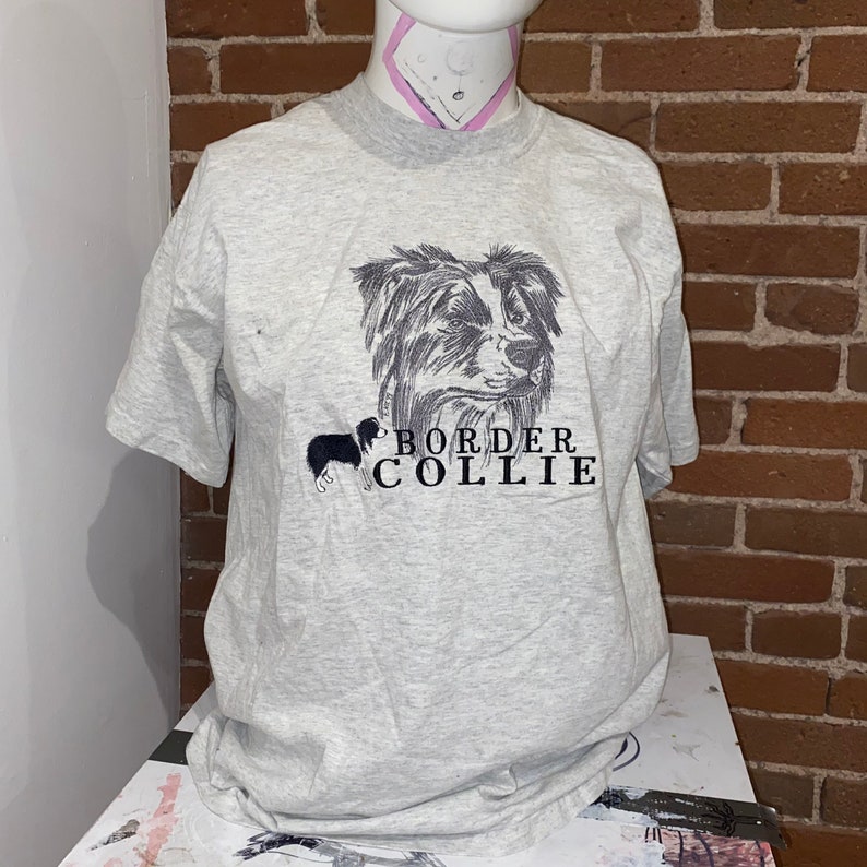 90\u2019s border collie tshirt embroidered heather grey