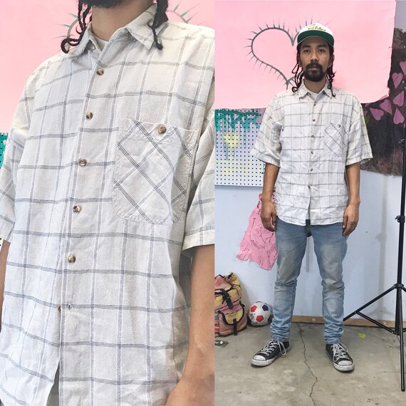 Vintage Skater Button Up Plaid Large Gray 1990s 1980s