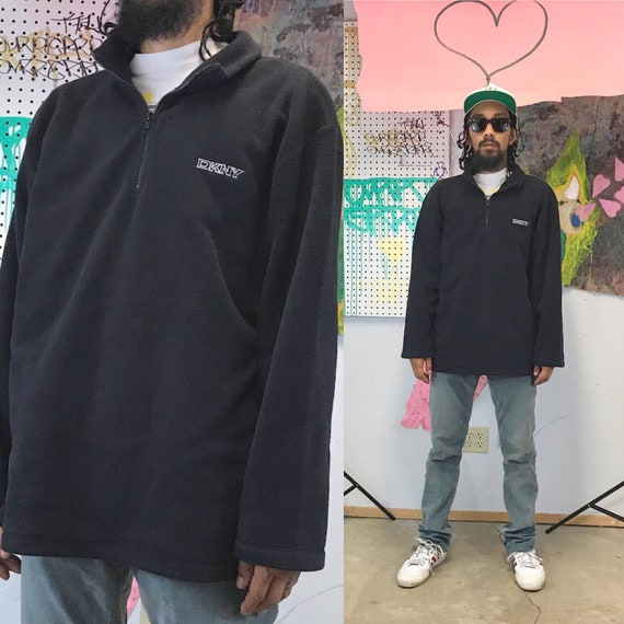 Vintage sweatshirt DKNY 1/4 zip PULLOVER black 1990s 90s fleece