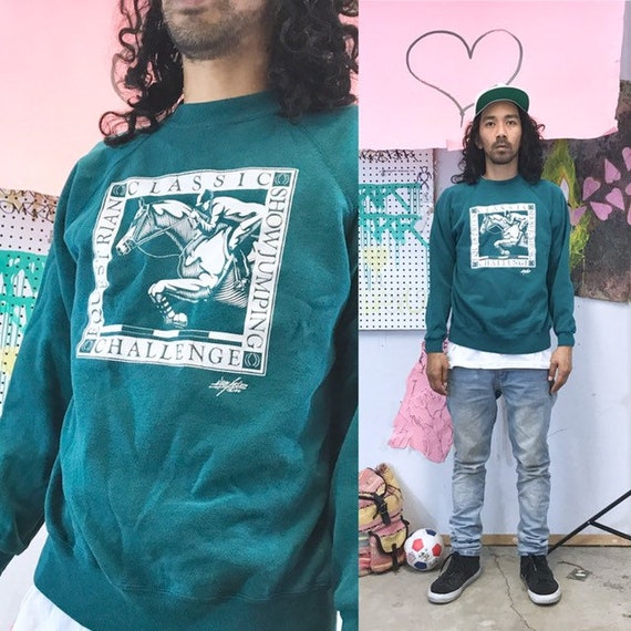 Vintage sweatshirt green size large horses equestrian 1990s 1980s