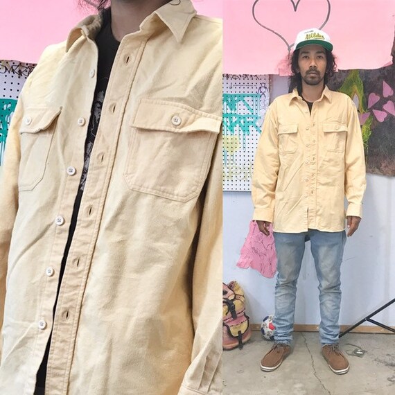 Vintage ll bean shirt outdoors hunting tan safari size medium large 1990s 1980s yellow