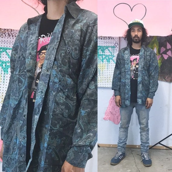 Vintage silk shirt paisley all over print size medium green blue 1990s 1980s
